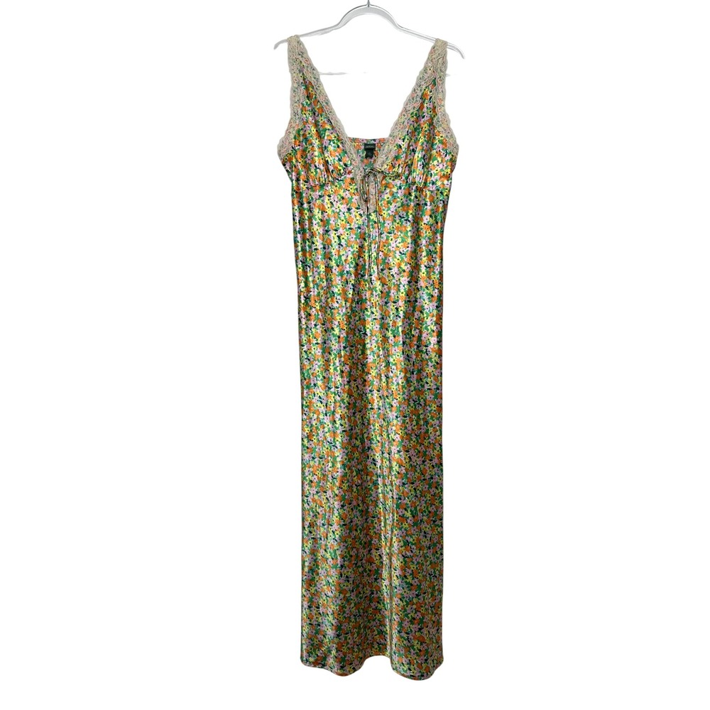 Wild Fable Satin Maxi Slip Dress Size M Ditsy Floral Lace Trim Cottagecore Boho